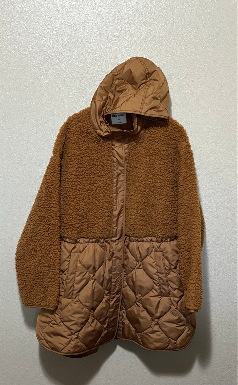 Women’s Old Navy Oversized Hooded Sherpa Quilted Hybrid Coat Jacket Brown, 2X